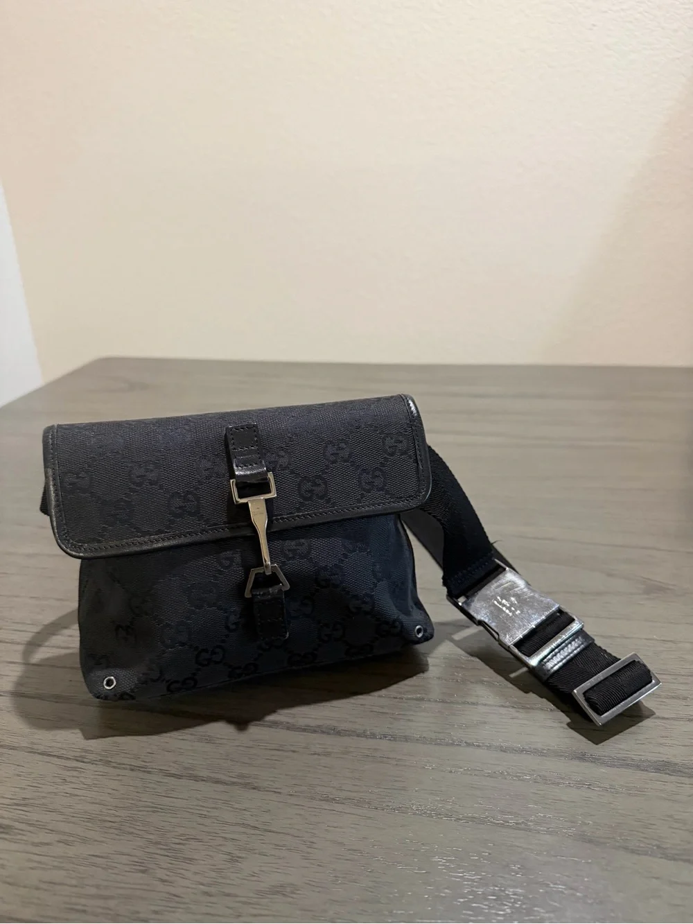 Gucci Black GG Monogram with Web Strap Belt Bag
